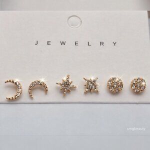 Celestial Moon & Star Lot of Stud Earrings 1/4" Small New Gold Tone
